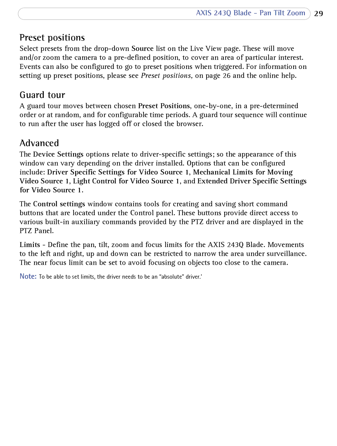 Axis Communications 243Q Blade user manual Guard tour, Advanced 