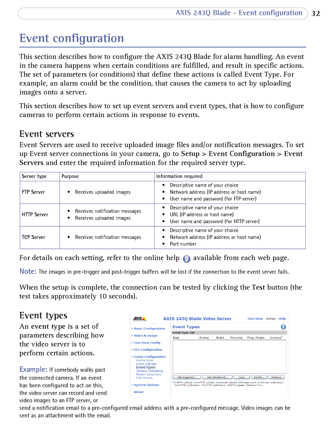 Axis Communications 243Q Blade user manual Event configuration, Event servers, Event types 