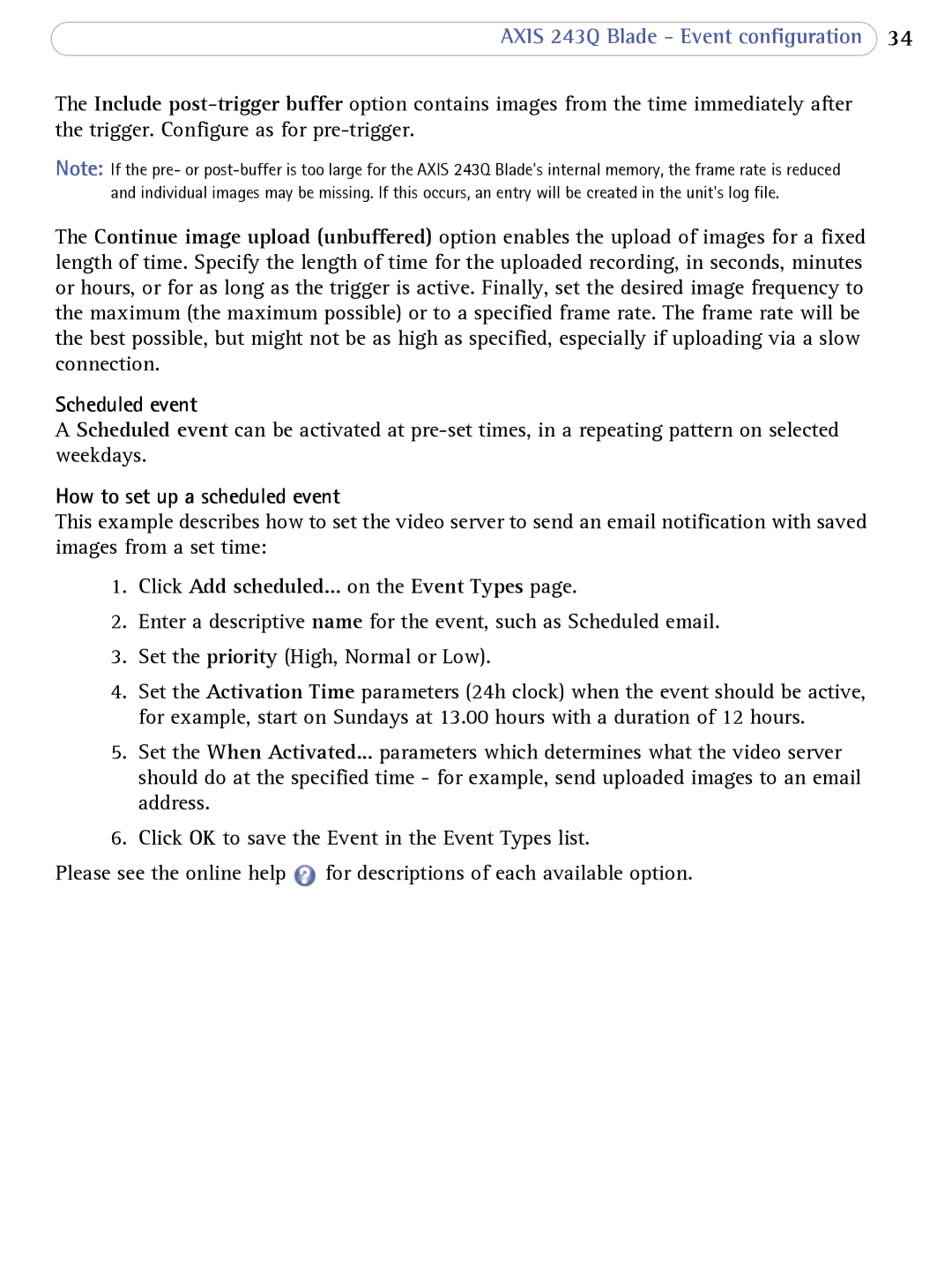 Axis Communications 243Q Blade Scheduled event, How to set up a scheduled event, Click Add scheduled... on the Event Types 