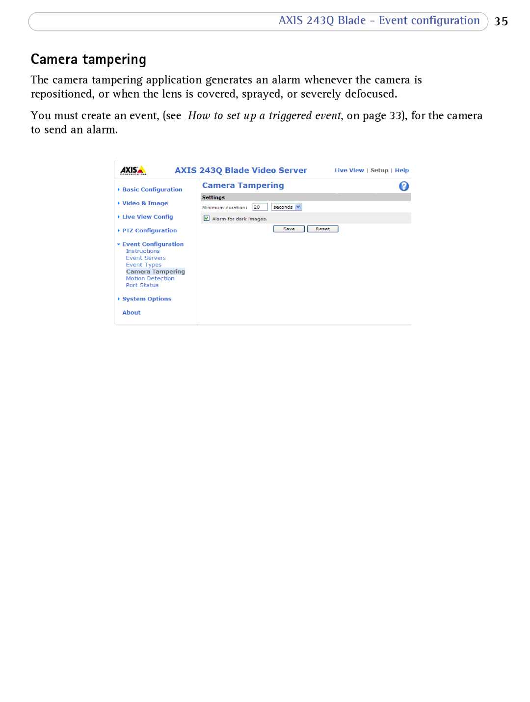 Axis Communications 243Q Blade user manual Camera tampering 