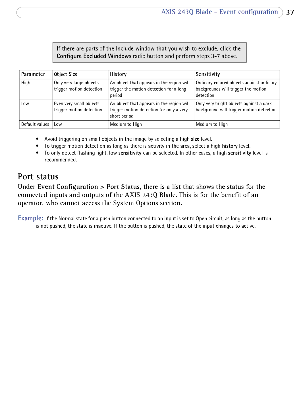 Axis Communications 243Q Blade user manual Port status, Object Size 