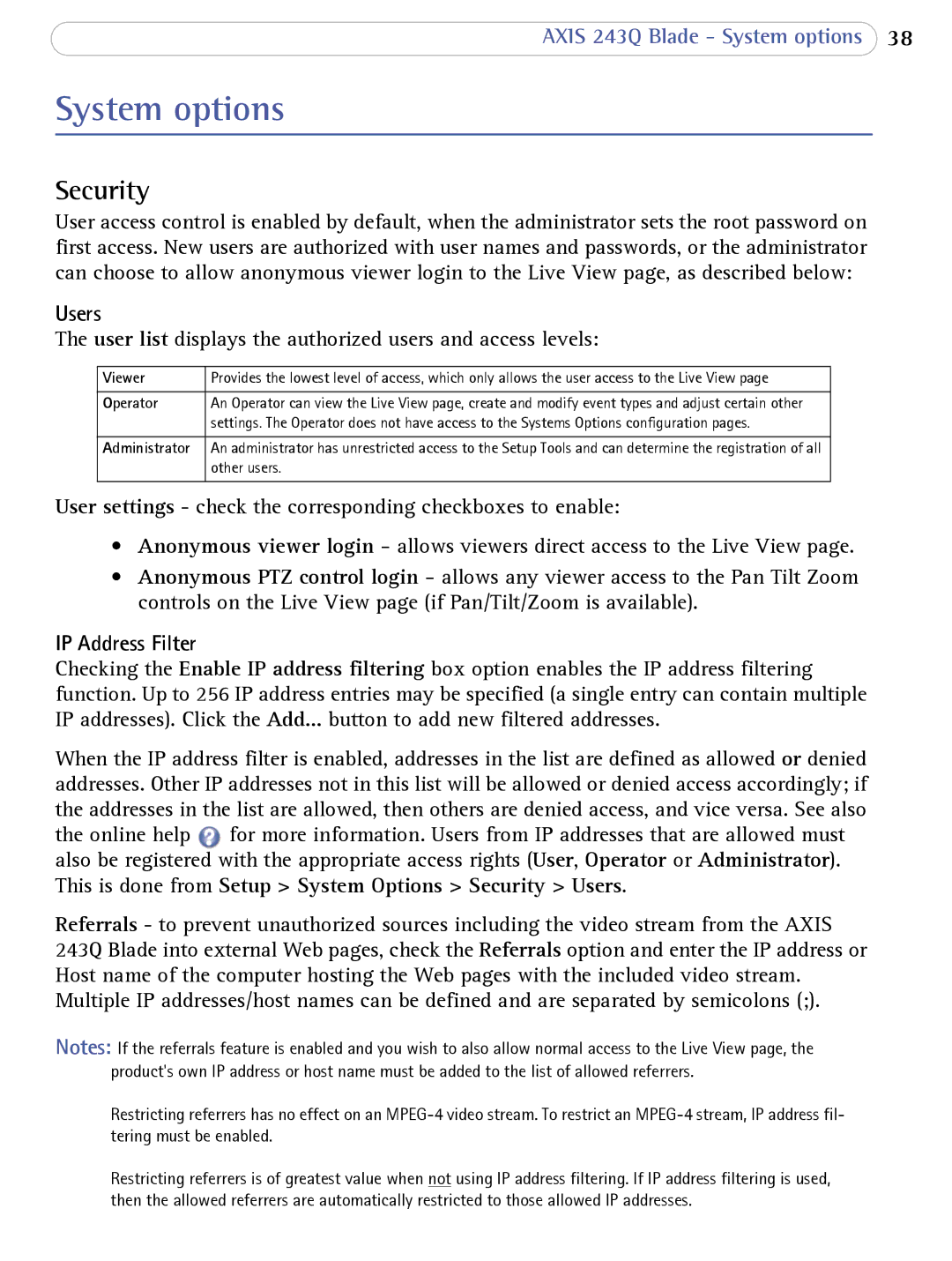 Axis Communications 243Q Blade user manual System options, Security, Users, IP Address Filter 