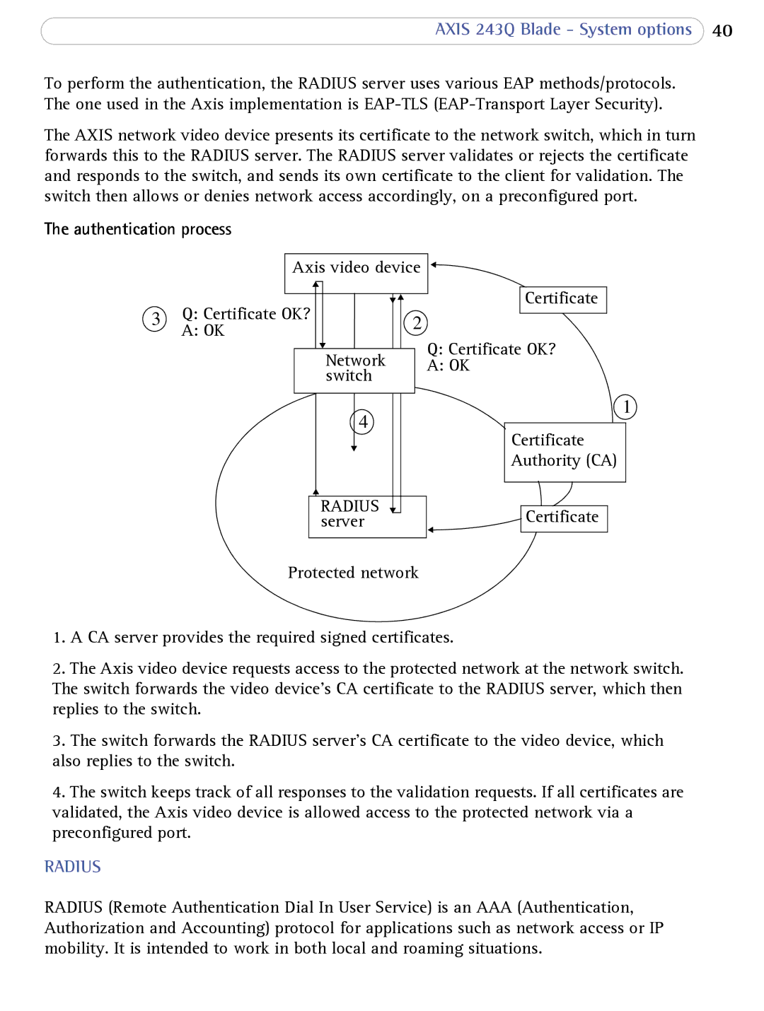 Axis Communications 243Q Blade user manual Authentication process, Radius 