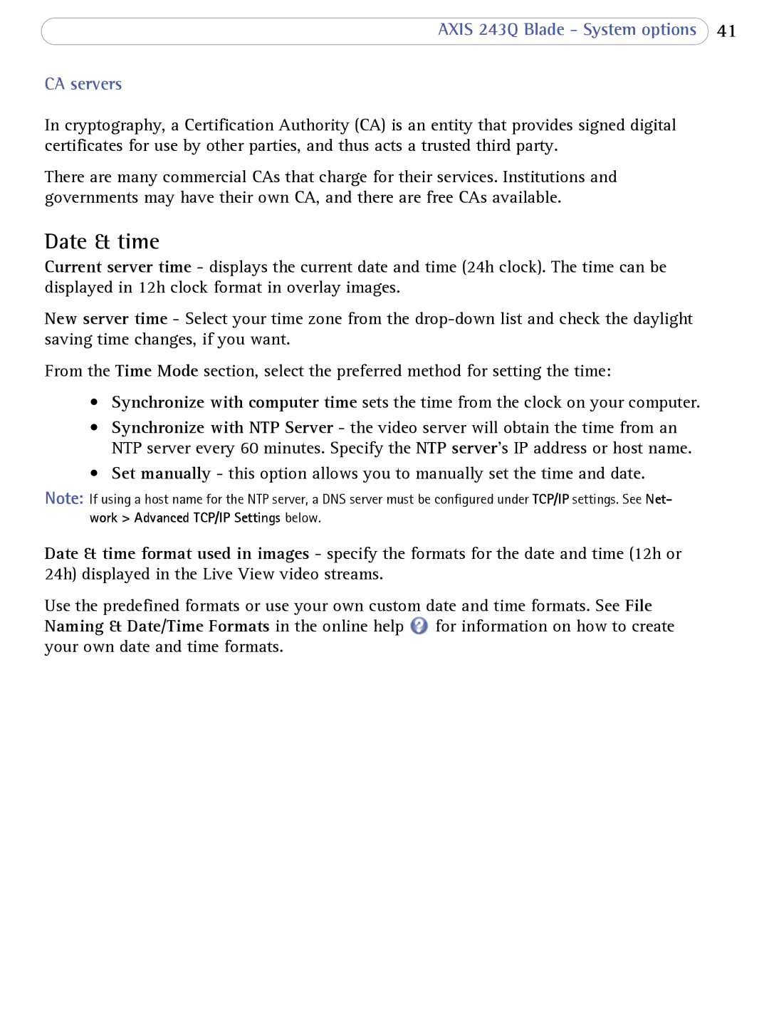 Axis Communications user manual Date & time, Axis 243Q Blade System options CA servers 