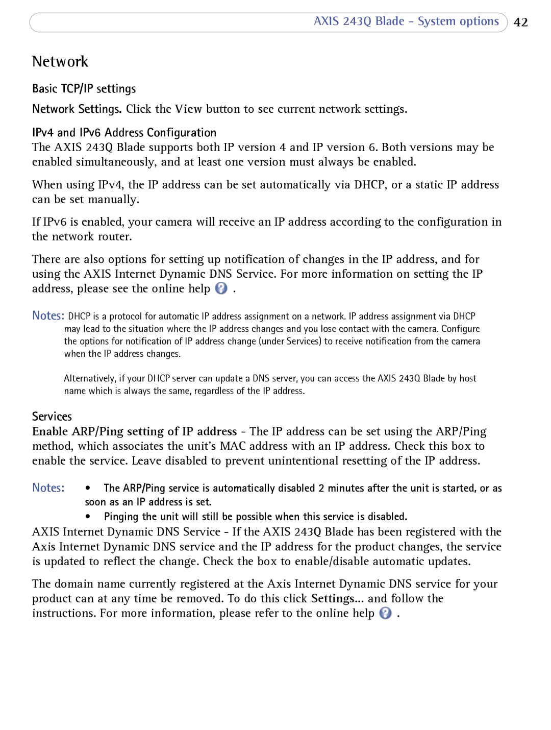 Axis Communications 243Q Blade user manual Network, Basic TCP/IP settings, IPv4 and IPv6 Address Configuration, Services 