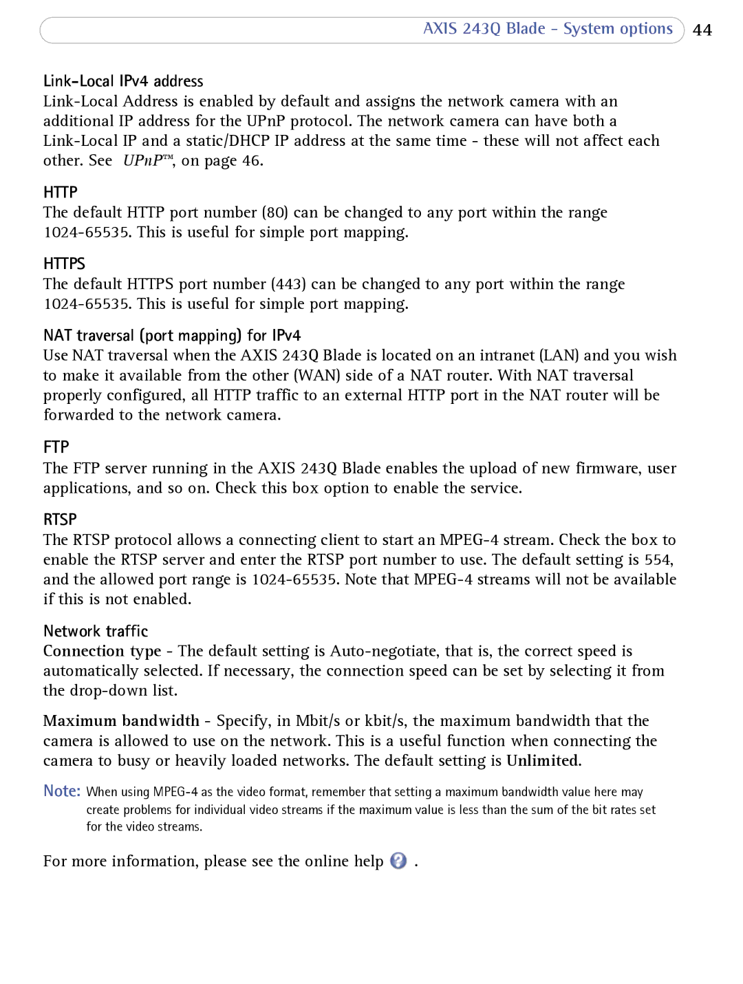 Axis Communications 243Q Blade user manual Link-Local IPv4 address, NAT traversal port mapping for IPv4, Network traffic 