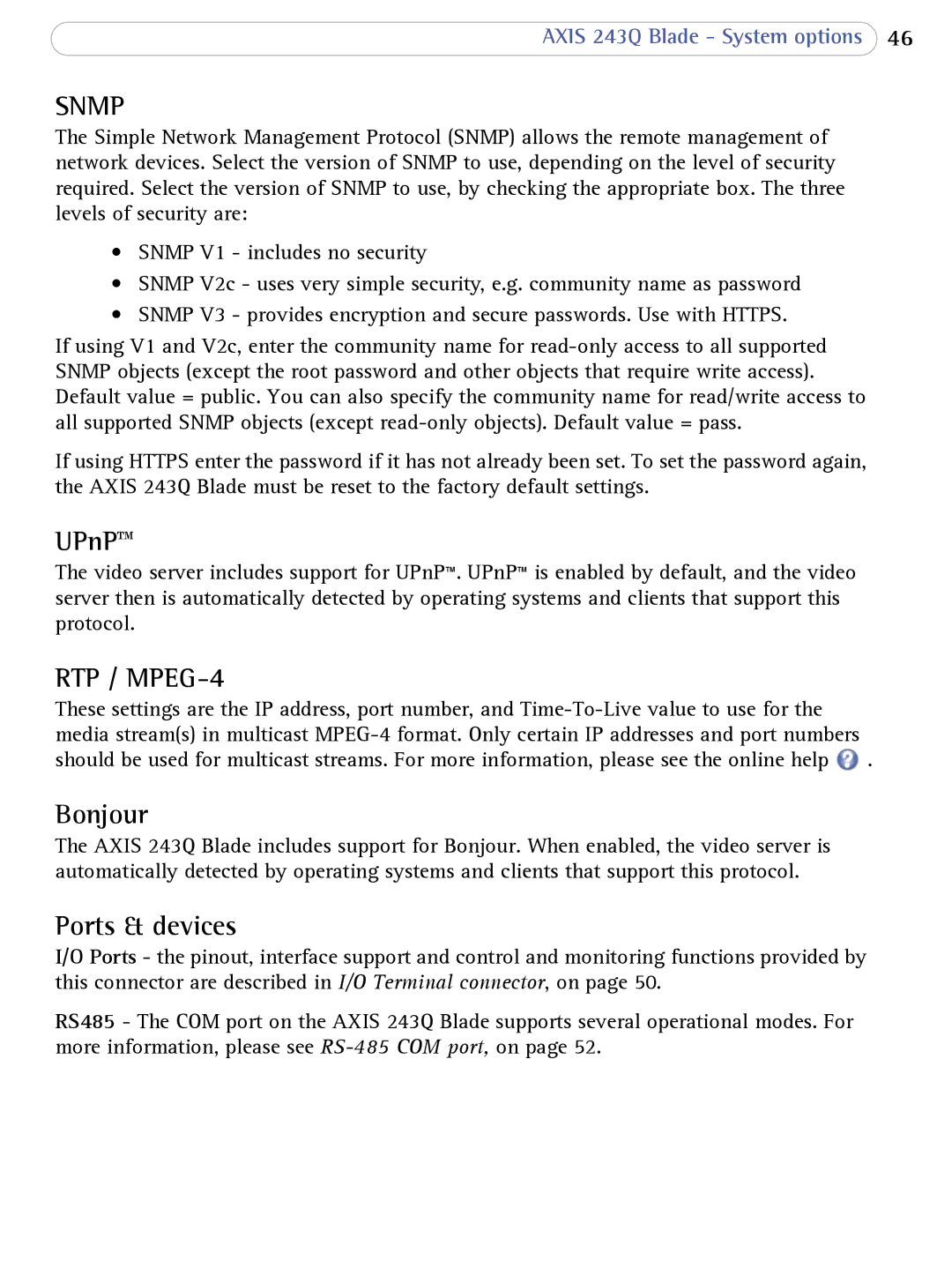 Axis Communications 243Q Blade user manual UPnP, Bonjour, Ports & devices 