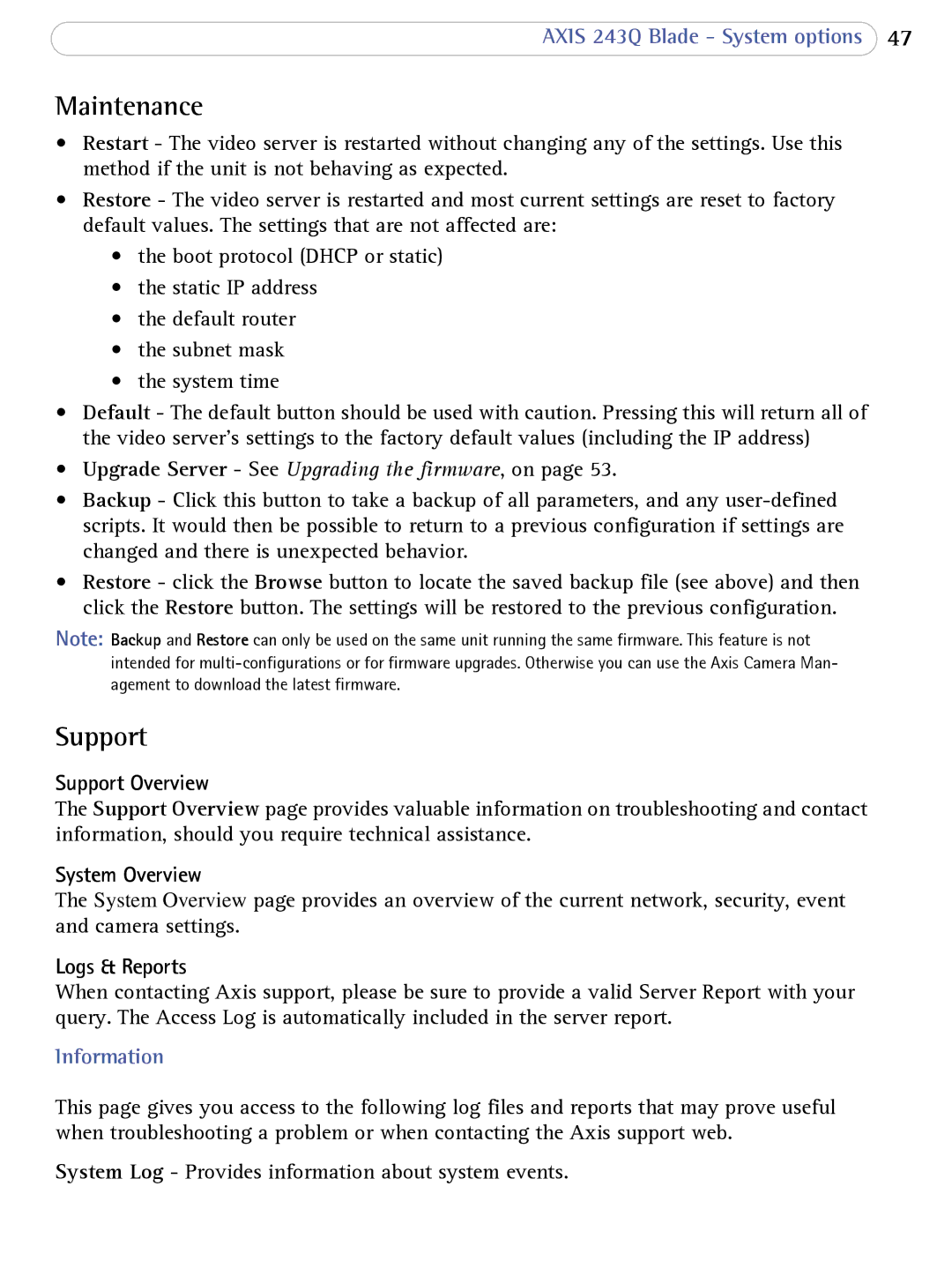 Axis Communications 243Q Blade user manual Maintenance, Support Overview, System Overview, Logs & Reports 