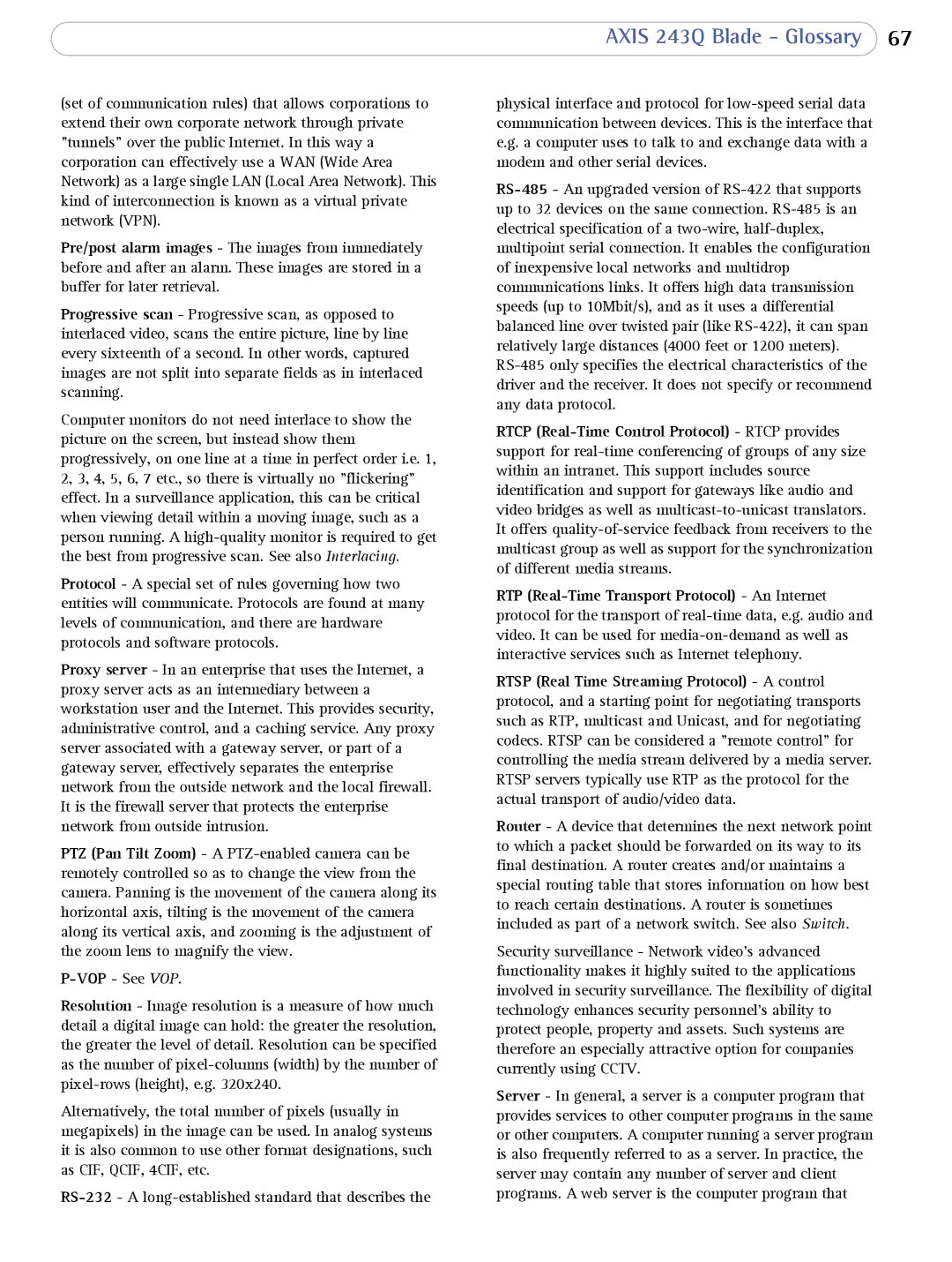 Axis Communications user manual Axis 243Q Blade Glossary 