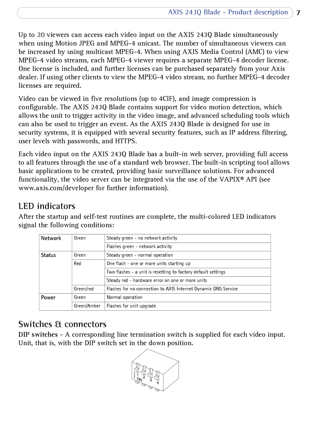 Axis Communications 243Q Blade user manual LED indicators, Switches & connectors 