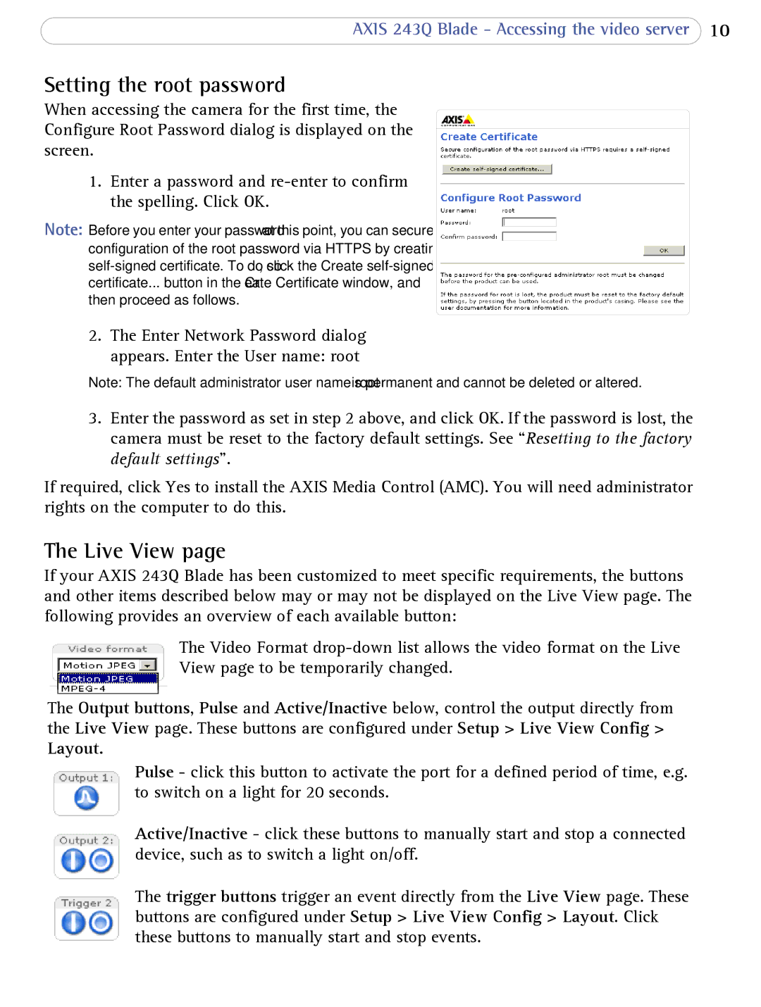 Axis Communications 243Q user manual Setting the root password, Live View, Layout 