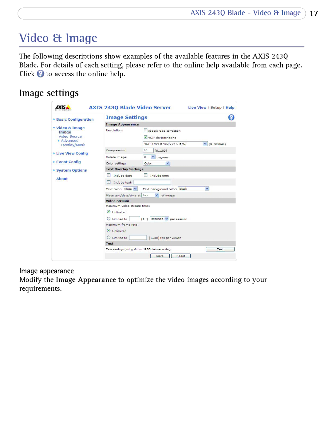 Axis Communications 243Q user manual Video & Image, Image settings, Image appearance 