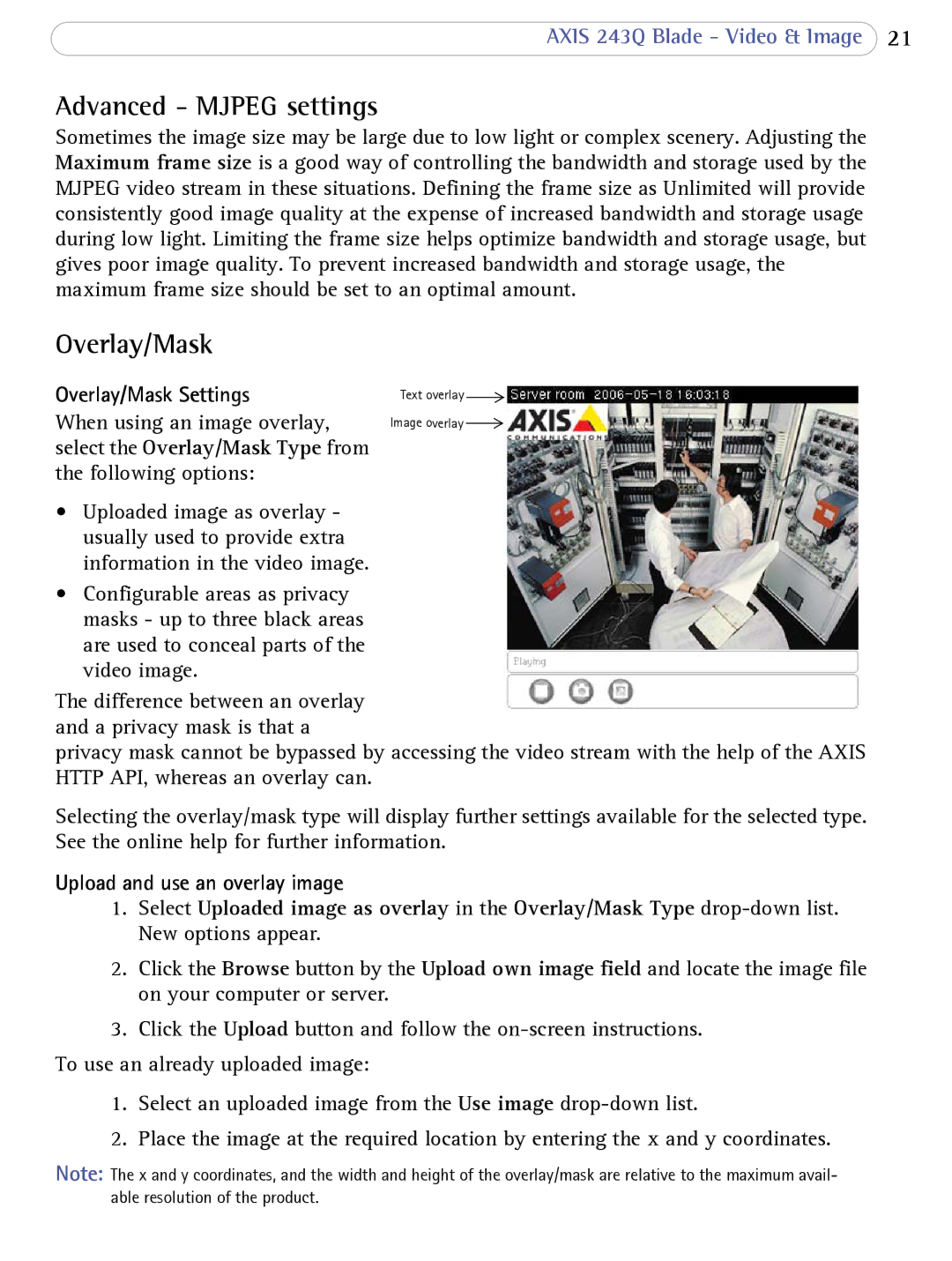 Axis Communications 243Q user manual Advanced Mjpeg settings, Overlay/Mask Settings, Upload and use an overlay image 