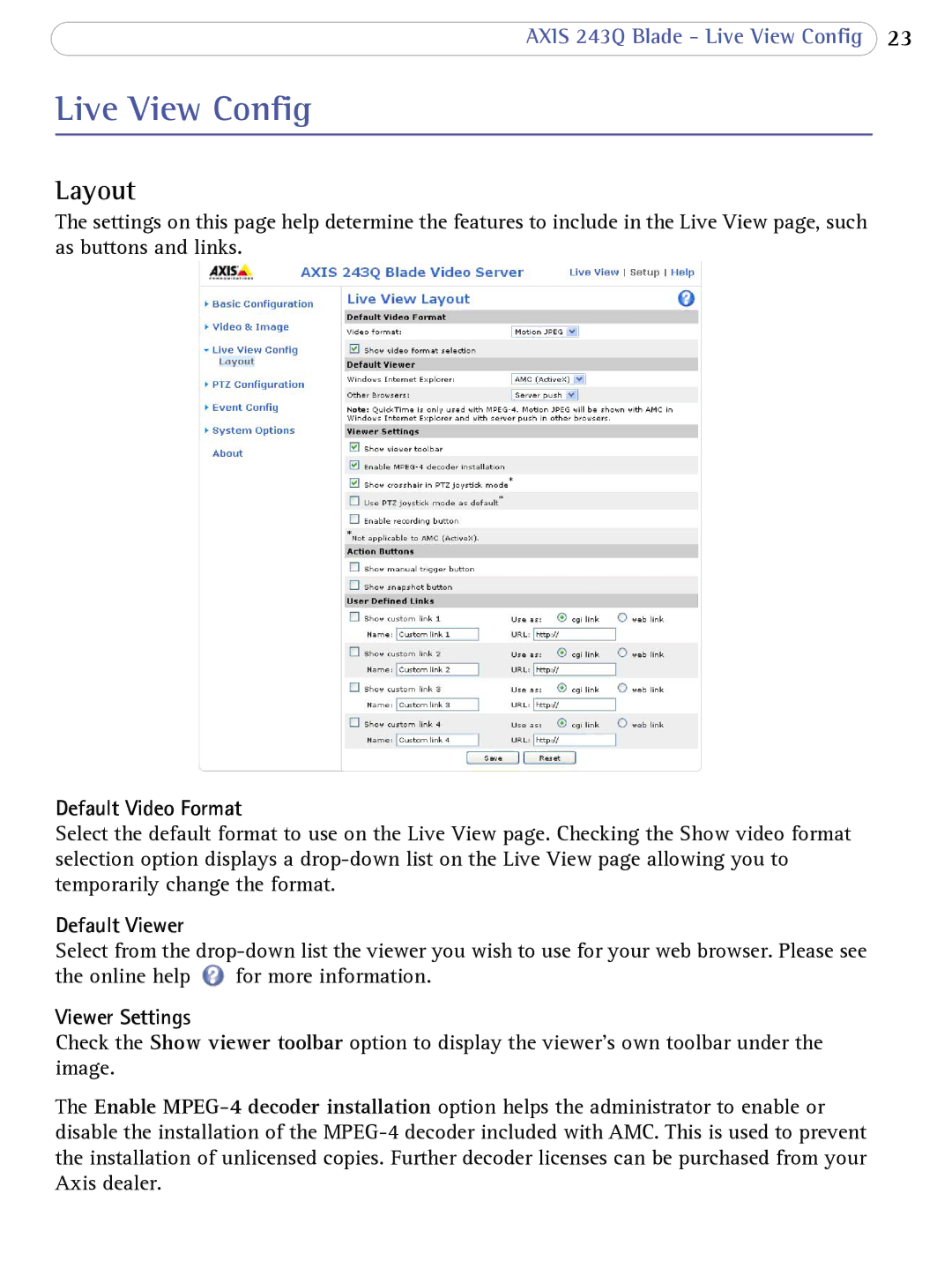 Axis Communications 243Q user manual Live View Config, Layout, Default Video Format, Default Viewer, Viewer Settings 