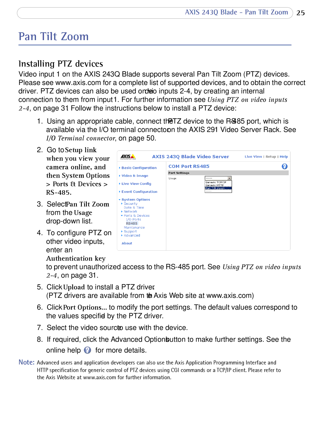 Axis Communications 243Q user manual Pan Tilt Zoom, Installing PTZ devices, Authentication key 