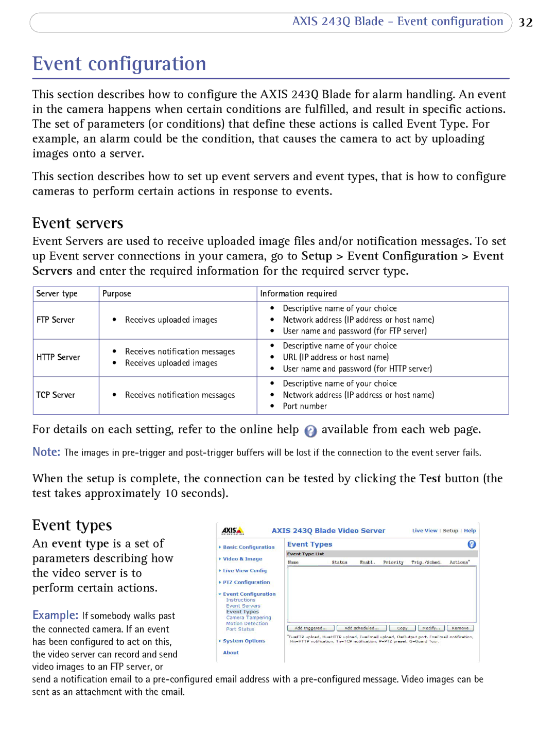 Axis Communications 243Q user manual Event configuration, Event servers, Event types 