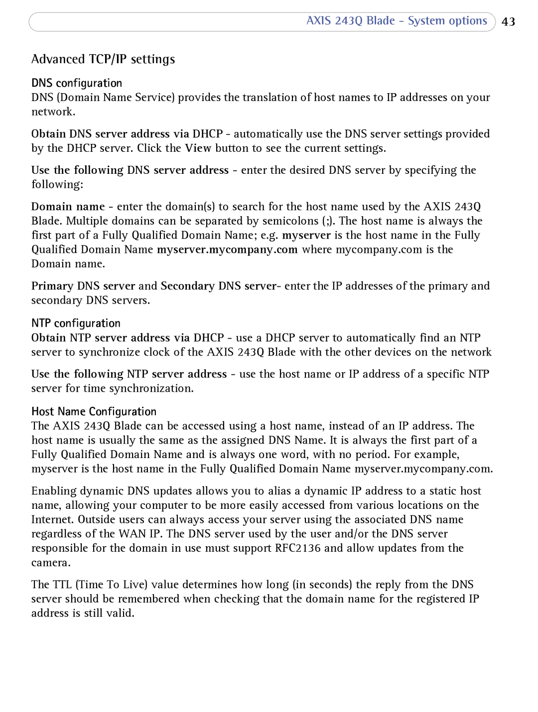 Axis Communications 243Q user manual DNS configuration, NTP configuration, Host Name Configuration 