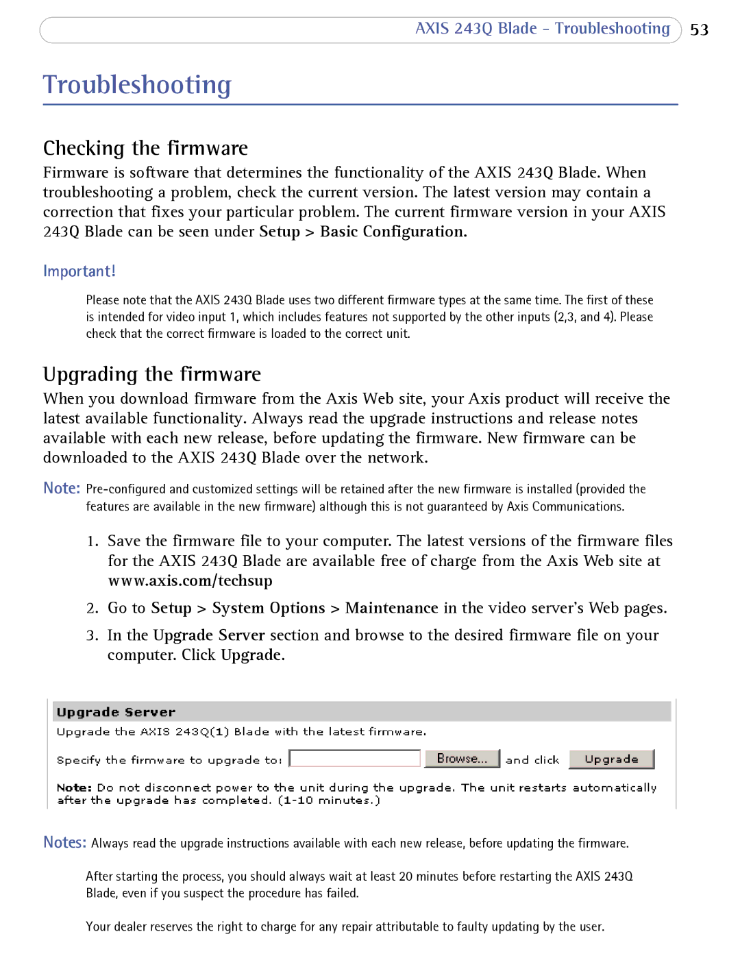 Axis Communications 243Q user manual Troubleshooting, Checking the firmware, Upgrading the firmware 