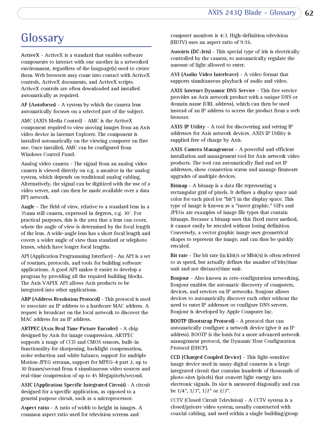 Axis Communications user manual Axis 243Q Blade Glossary 