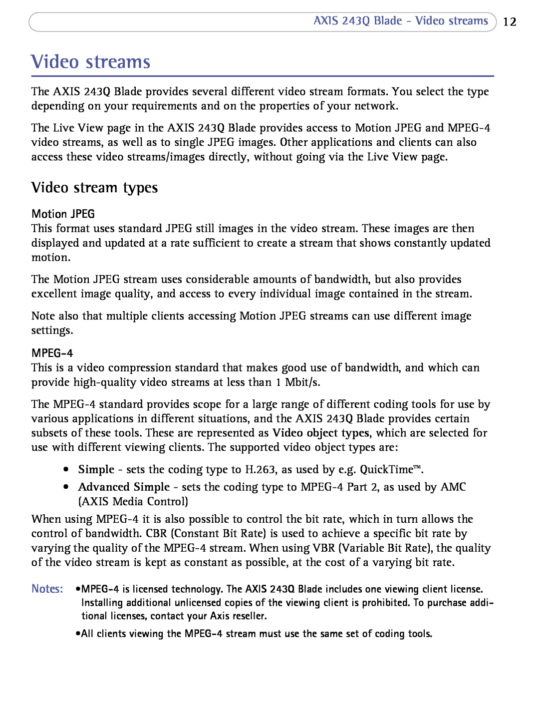 Axis Communications user manual Video stream types, AXIS 243Q Blade - Video streams 