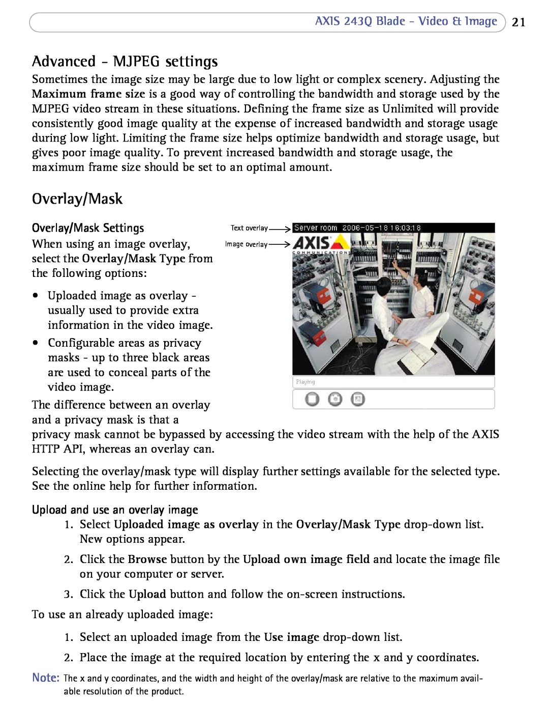 Axis Communications user manual Advanced - MJPEG settings, AXIS 243Q Blade - Video & Image, Overlay/Mask Settings 