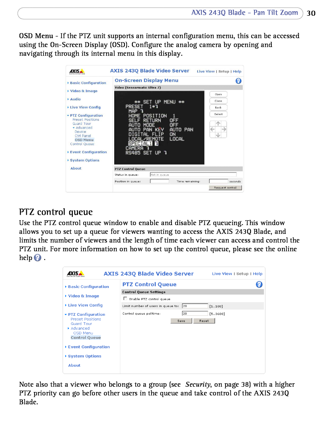 Axis Communications user manual PTZ control queue, AXIS 243Q Blade - Pan Tilt Zoom 