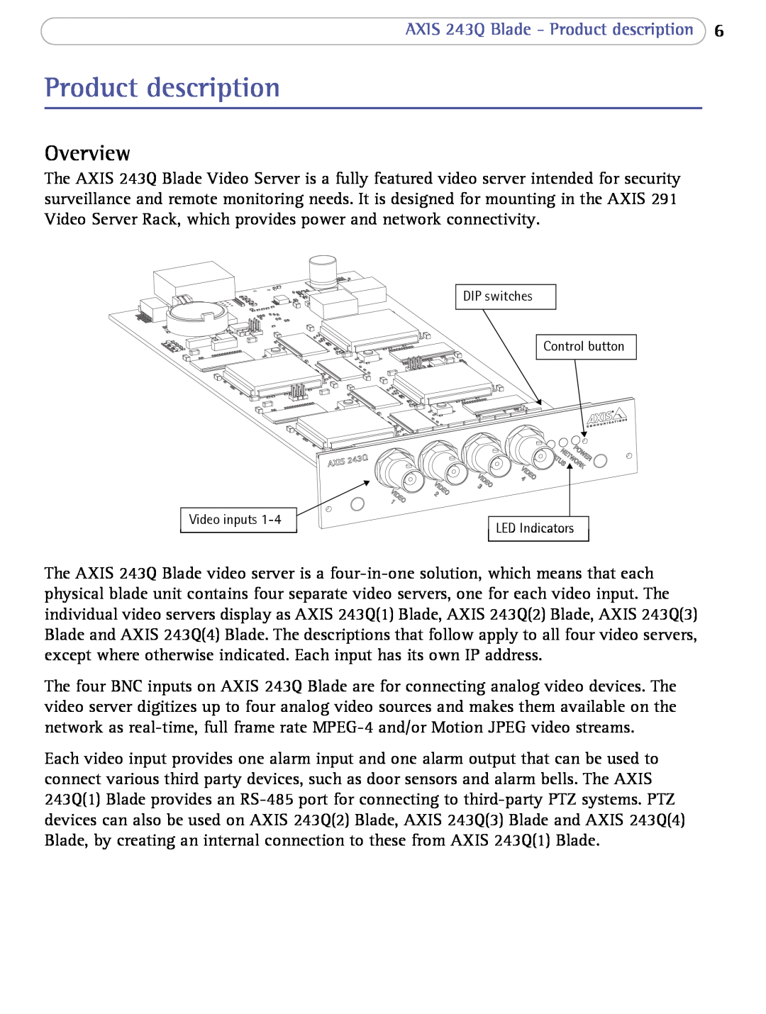 Axis Communications user manual Overview, AXIS 243Q Blade - Product description 