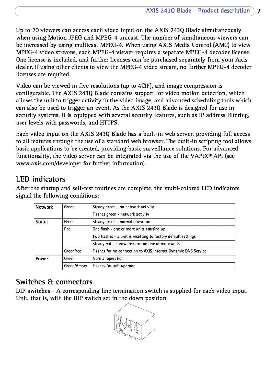 Axis Communications LED indicators, Switches & connectors, AXIS 243Q Blade - Product description, Network, Status 