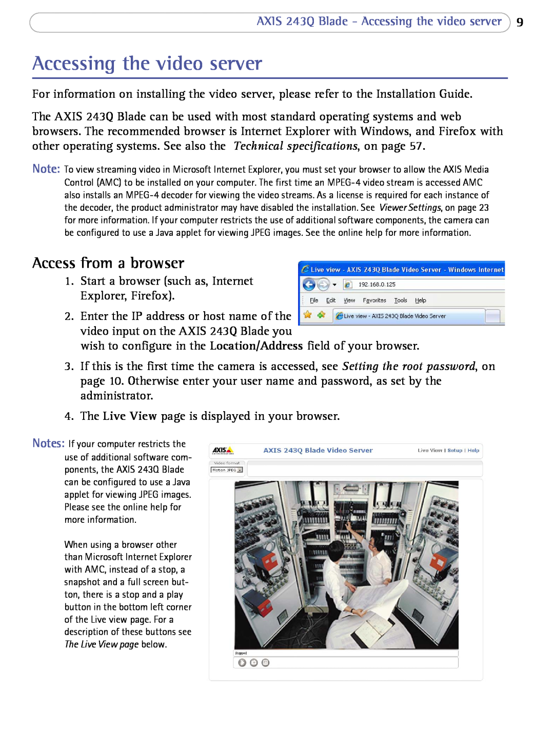 Axis Communications user manual Access from a browser, AXIS 243Q Blade - Accessing the video server 