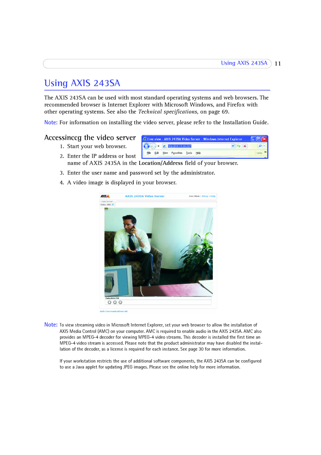 Axis Communications user manual Using Axis 243SA, Accessinccg the video server 