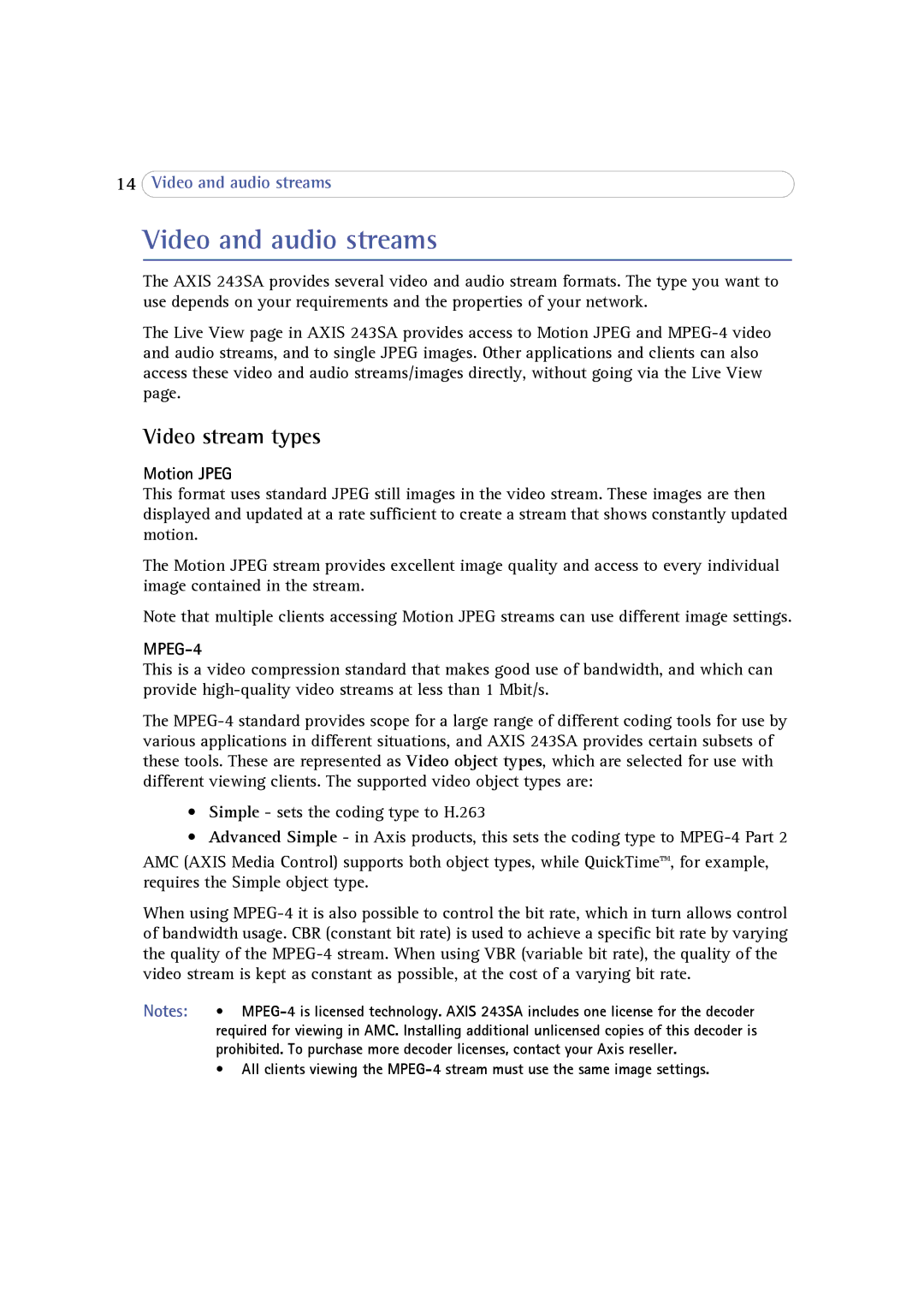 Axis Communications 243SA user manual Video and audio streams, Video stream types, Motion Jpeg 