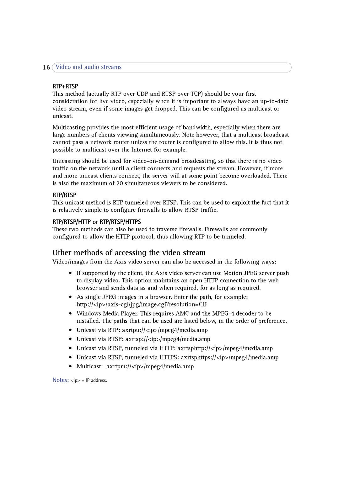 Axis Communications 243SA user manual Other methods of accessing the video stream, RTP/RTSP/HTTP or RTP/RTSP/HTTPS 