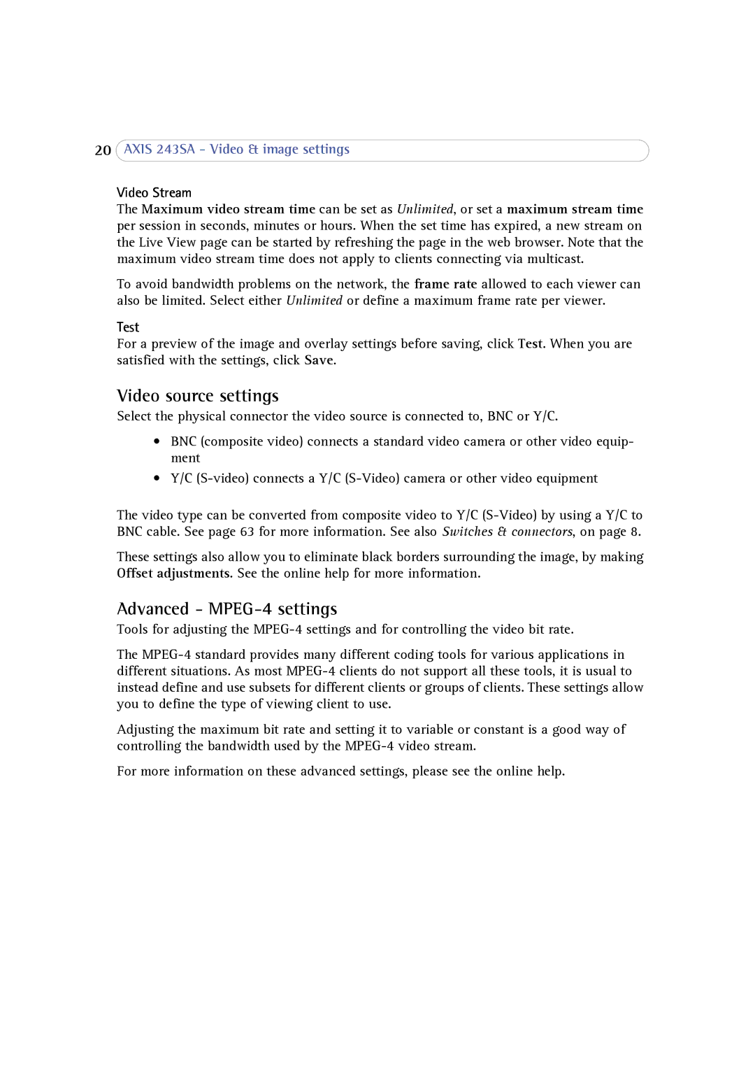 Axis Communications 243SA user manual Video source settings, Advanced MPEG-4 settings, Video Stream, Test 