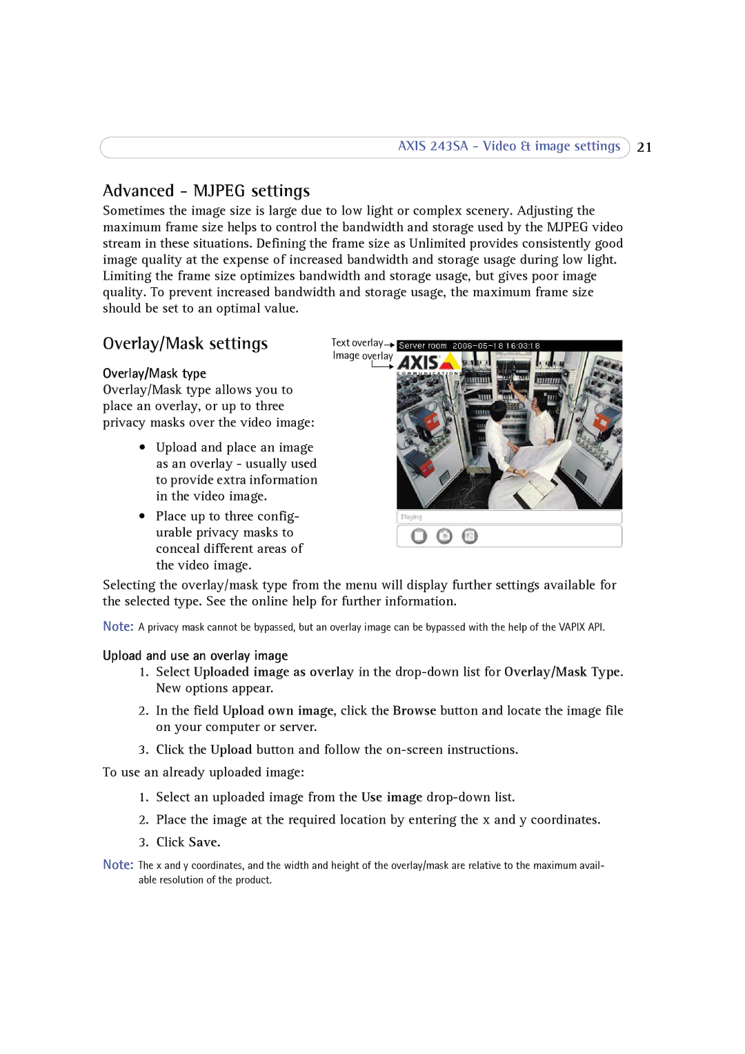 Axis Communications 243SA user manual Advanced Mjpeg settings, Overlay/Mask settings, Overlay/Mask type 