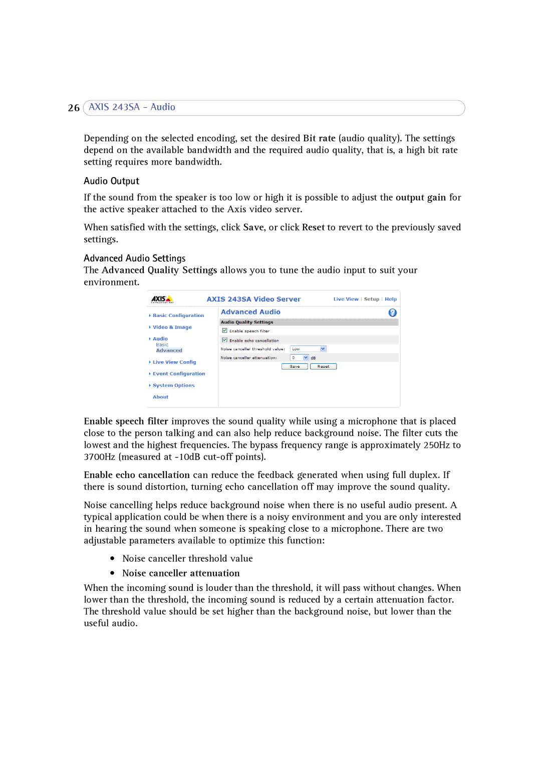 Axis Communications 243SA user manual Audio Output, Advanced Audio Settings, Noise canceller attenuation 