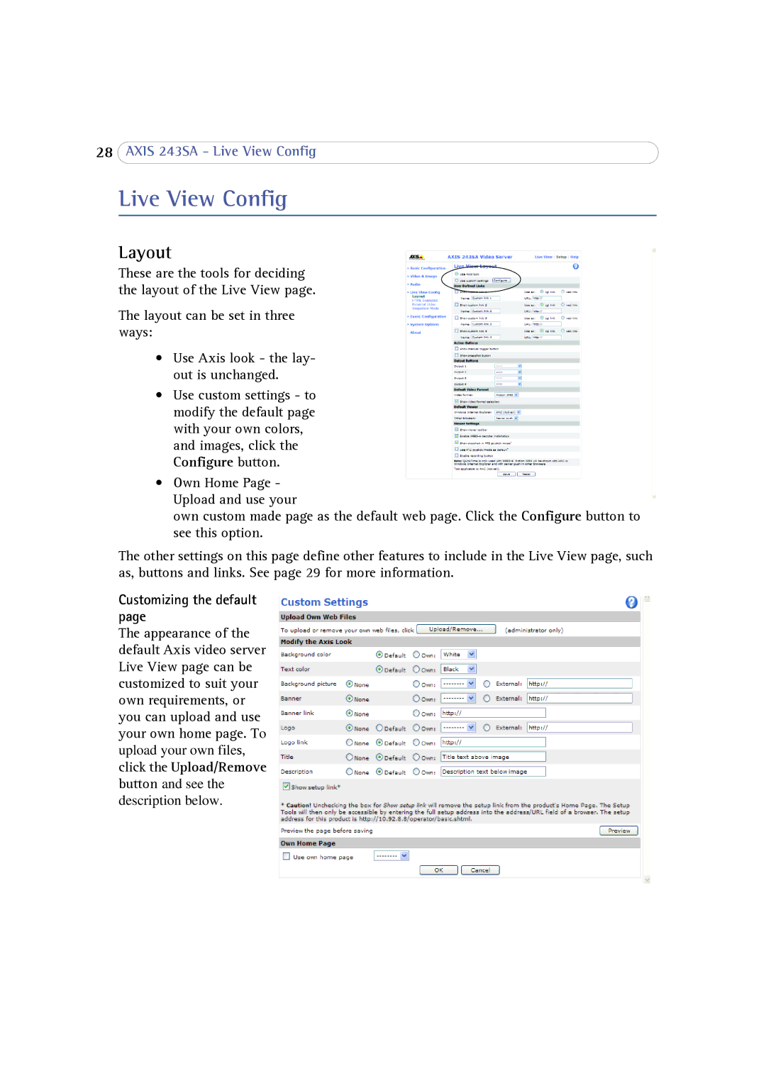 Axis Communications 243SA user manual Live View Config, Layout, Customizing the default 