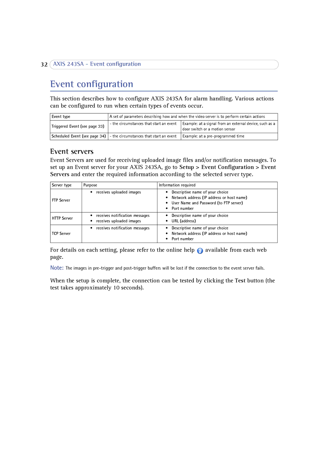 Axis Communications 243SA user manual Event configuration, Event servers, Event type, Server type Purpose 