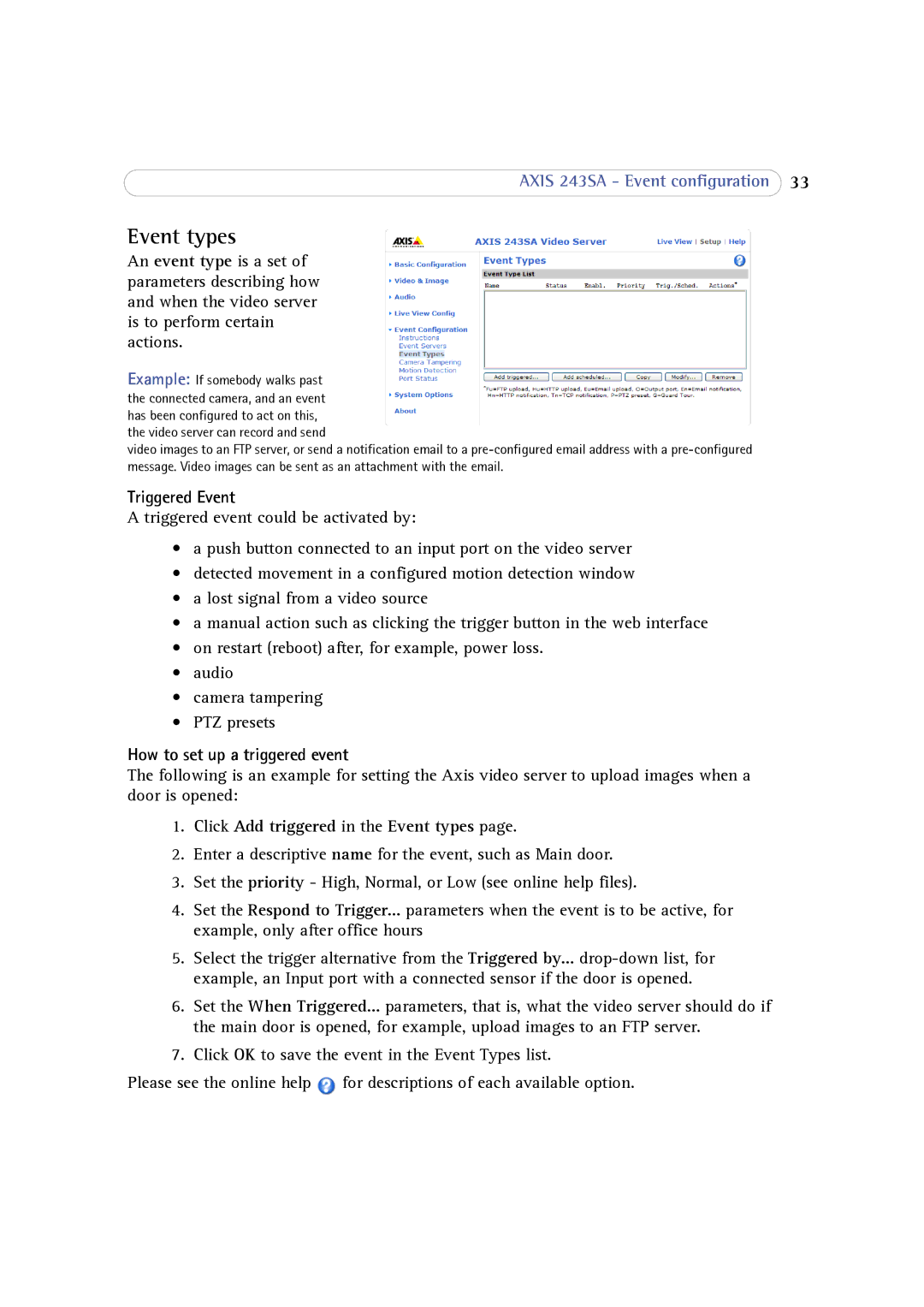 Axis Communications 243SA user manual Event types, Triggered Event, How to set up a triggered event 