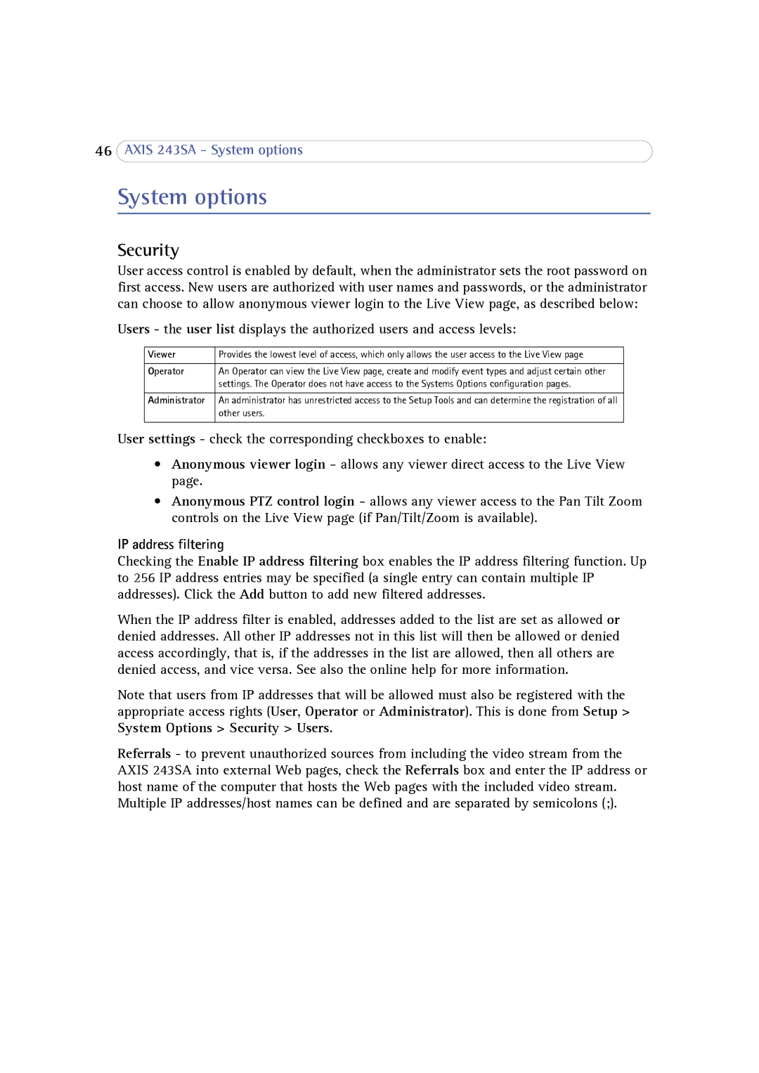 Axis Communications 243SA user manual System options, Security, IP address filtering, Viewer, Operator 