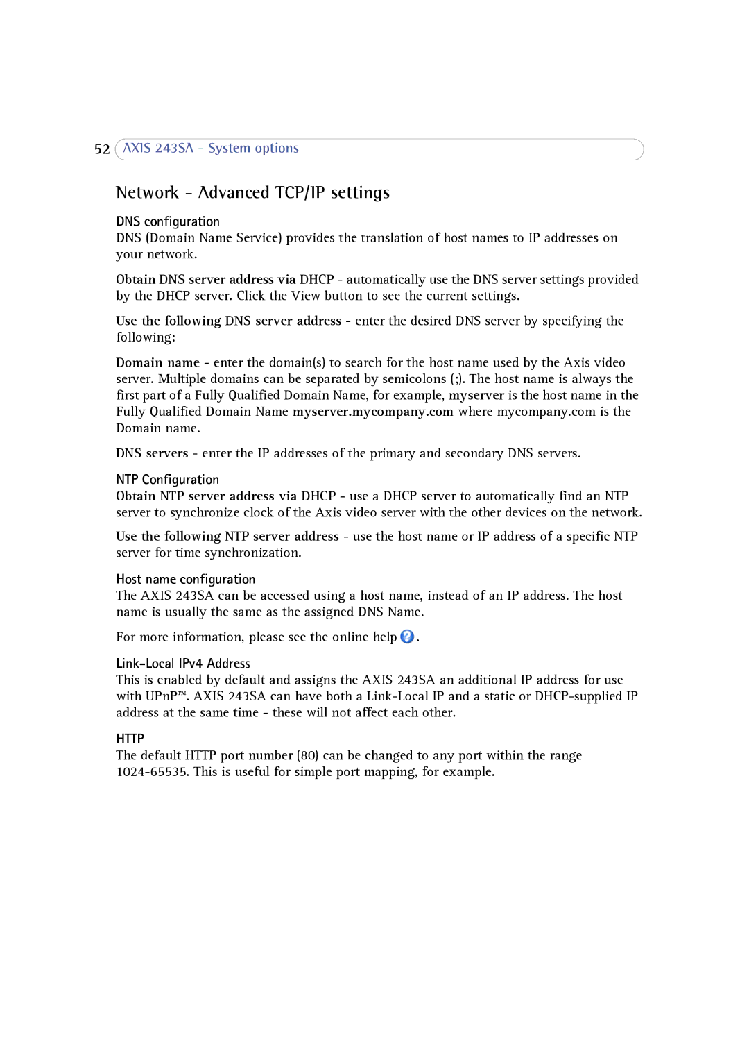 Axis Communications 243SA Network Advanced TCP/IP settings, DNS configuration, NTP Configuration, Host name configuration 