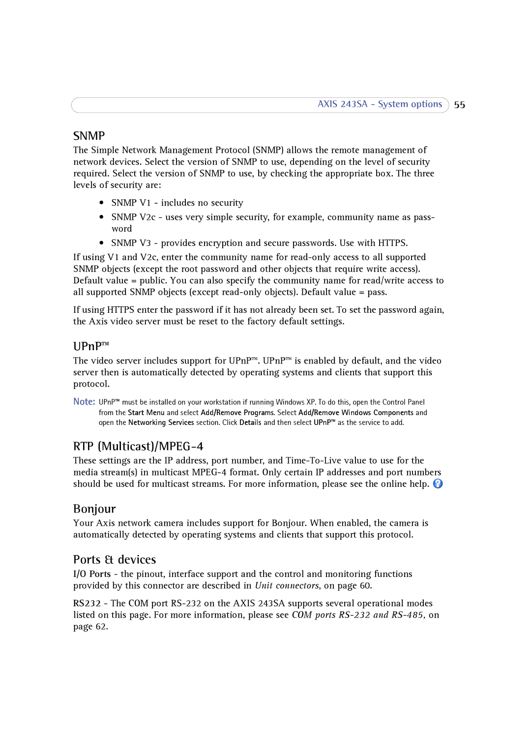 Axis Communications 243SA user manual UPnP, RTP Multicast/MPEG-4, Bonjour, Ports & devices 