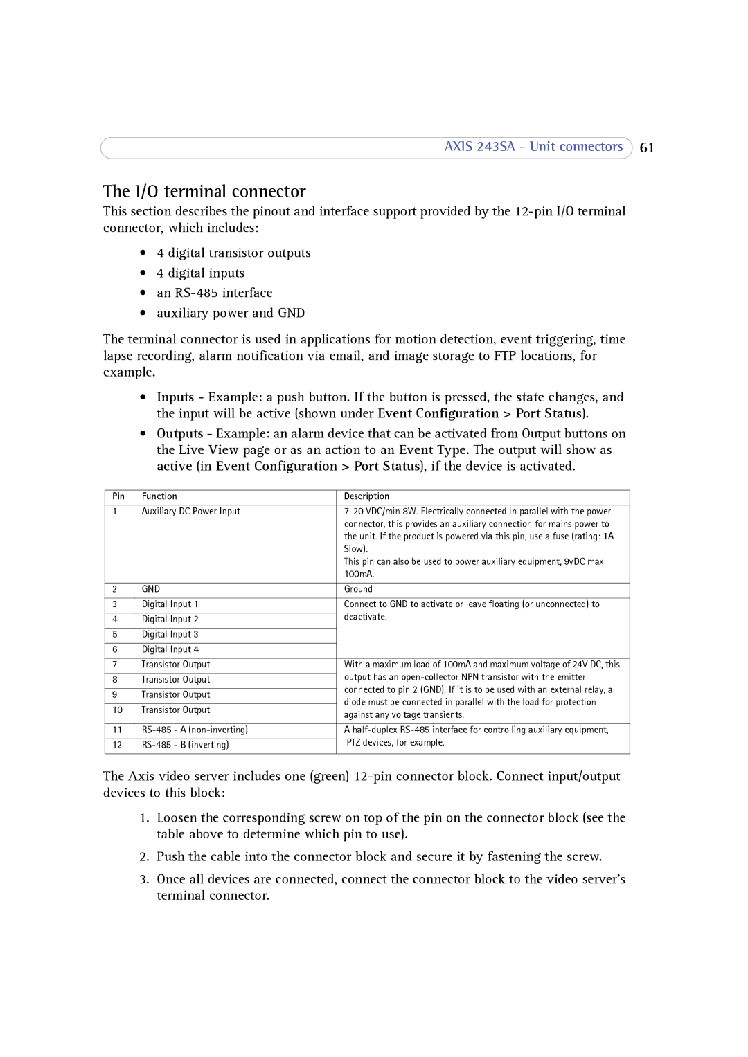 Axis Communications 243SA user manual I/O terminal connector, Pin Function Description 