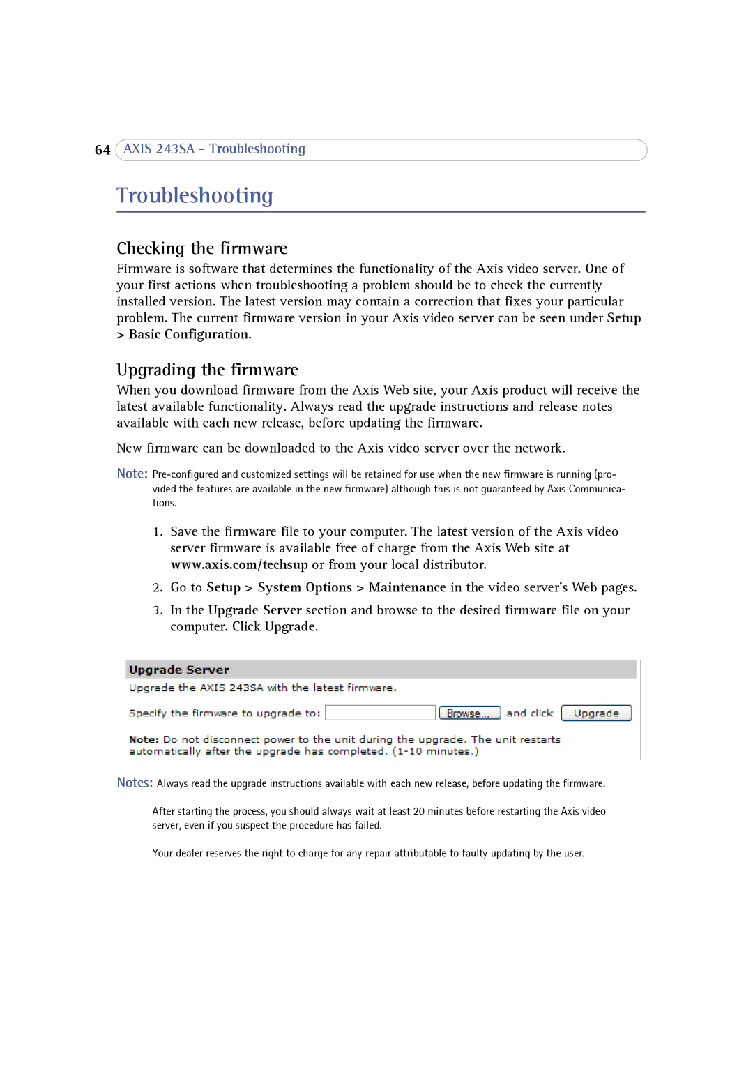 Axis Communications 243SA user manual Troubleshooting, Checking the firmware, Upgrading the firmware 