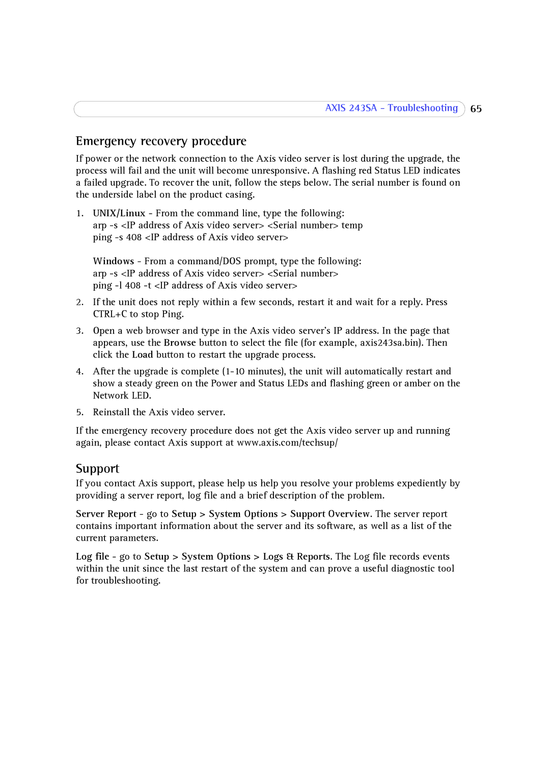 Axis Communications 243SA user manual Emergency recovery procedure, Support 