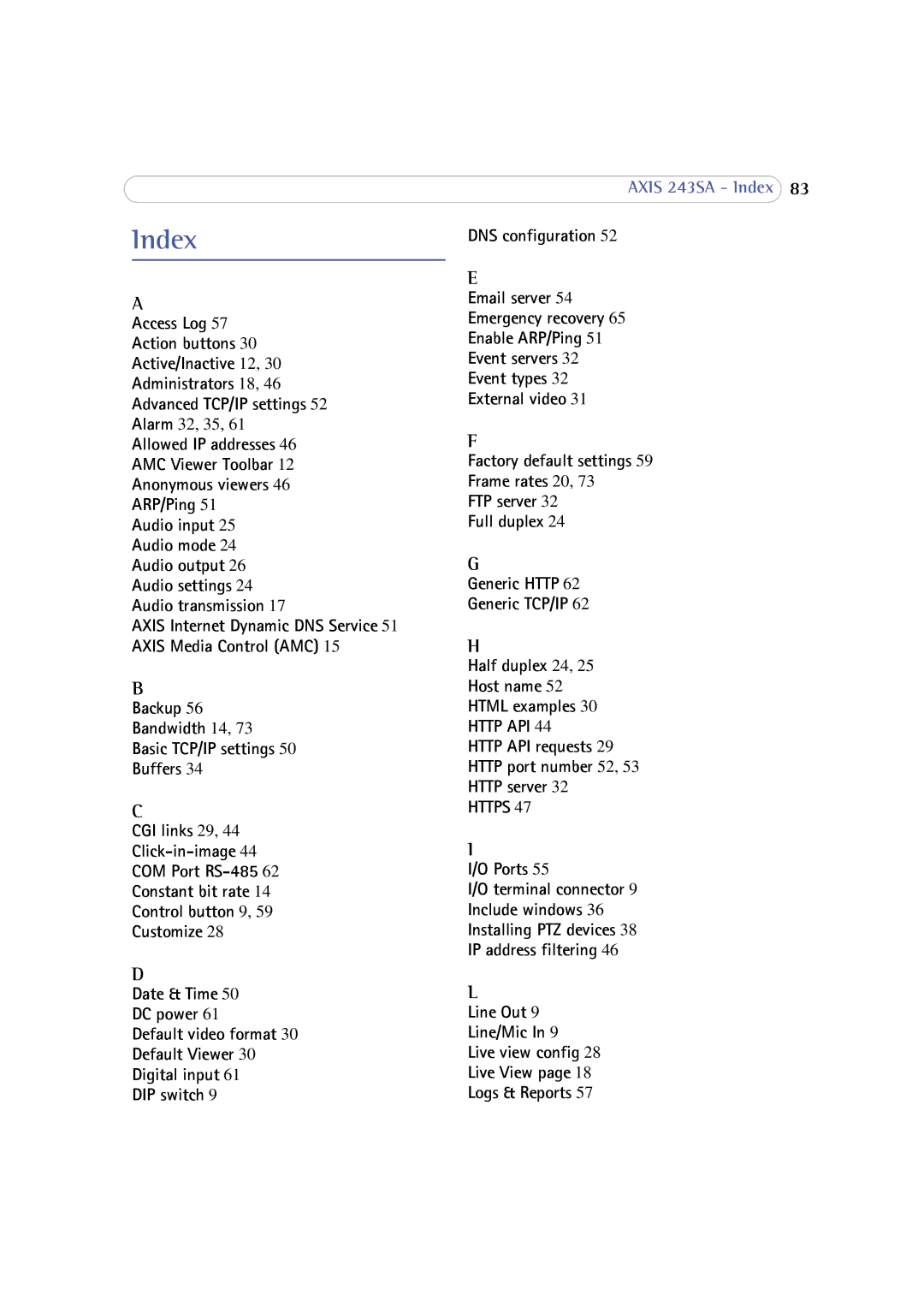 Axis Communications 243SA user manual Index, Http API requests Http port number 52 Http server 