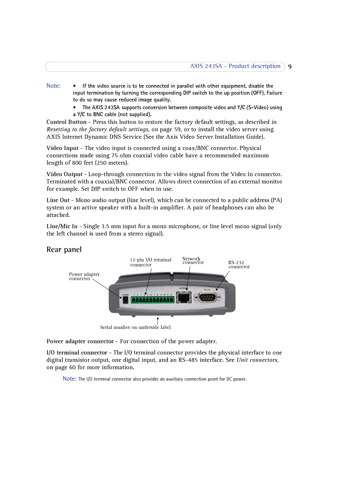 Axis Communications user manual Rear panel, Axis 243SA Product description 