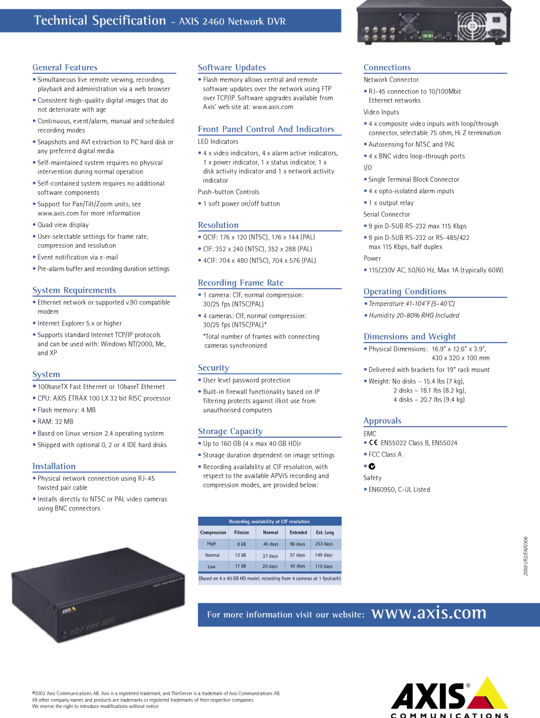 Axis Communications manual Technical Specification Axis 2460 Network DVR 