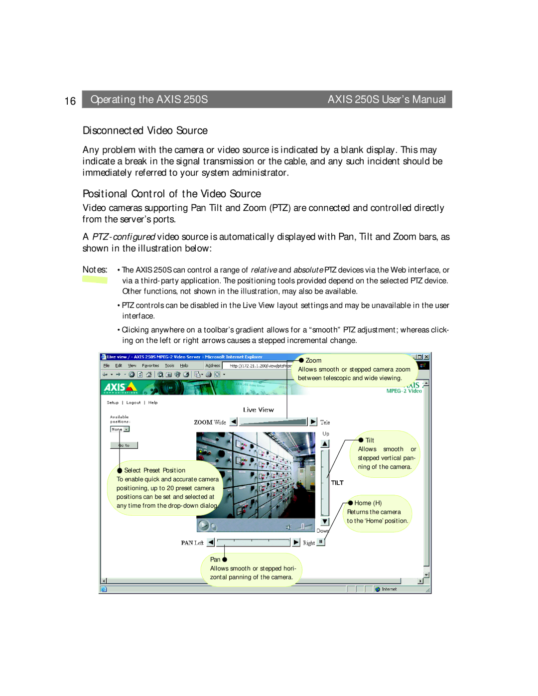 Axis Communications 250S user manual Disconnected Video Source, Positional Control of the Video Source 