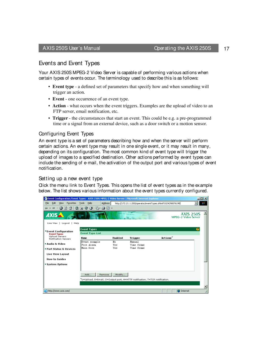 Axis Communications 250S user manual Events and Event Types, Configuring Event Types, Setting up a new event type 