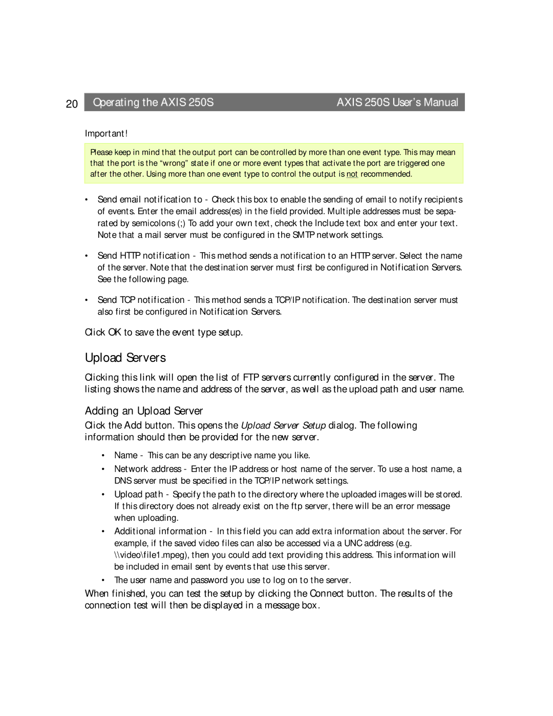 Axis Communications 250S user manual Upload Servers, Adding an Upload Server 